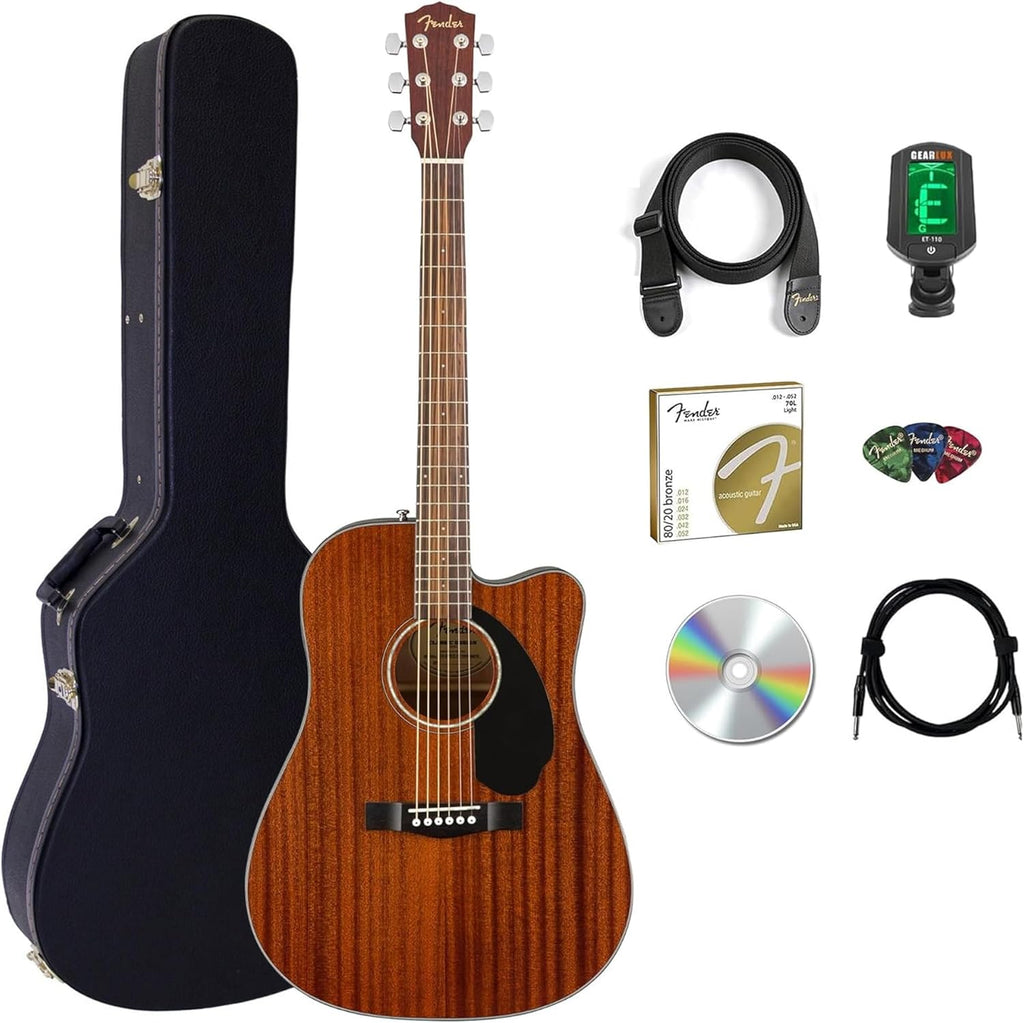 Fender CD-60SCE Solid Top Dreadnought Acoustic-Electric Guitar - All Mahogany Bundle with Hard Case, Instrument Cable, Strap, Tuner, Picks, Strings, and Austin Bazaar Instructional DVD