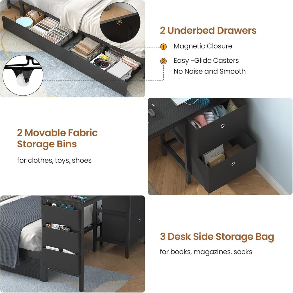 Hasuit Twin Corner Bed with Desk and Storage Bookcase, Daybed with 2 Drawers & 2 Storage Bins, Twin Size Platform Bed Frame with Charging Station and LED Light, Modern Teenagers Bedframe, Black