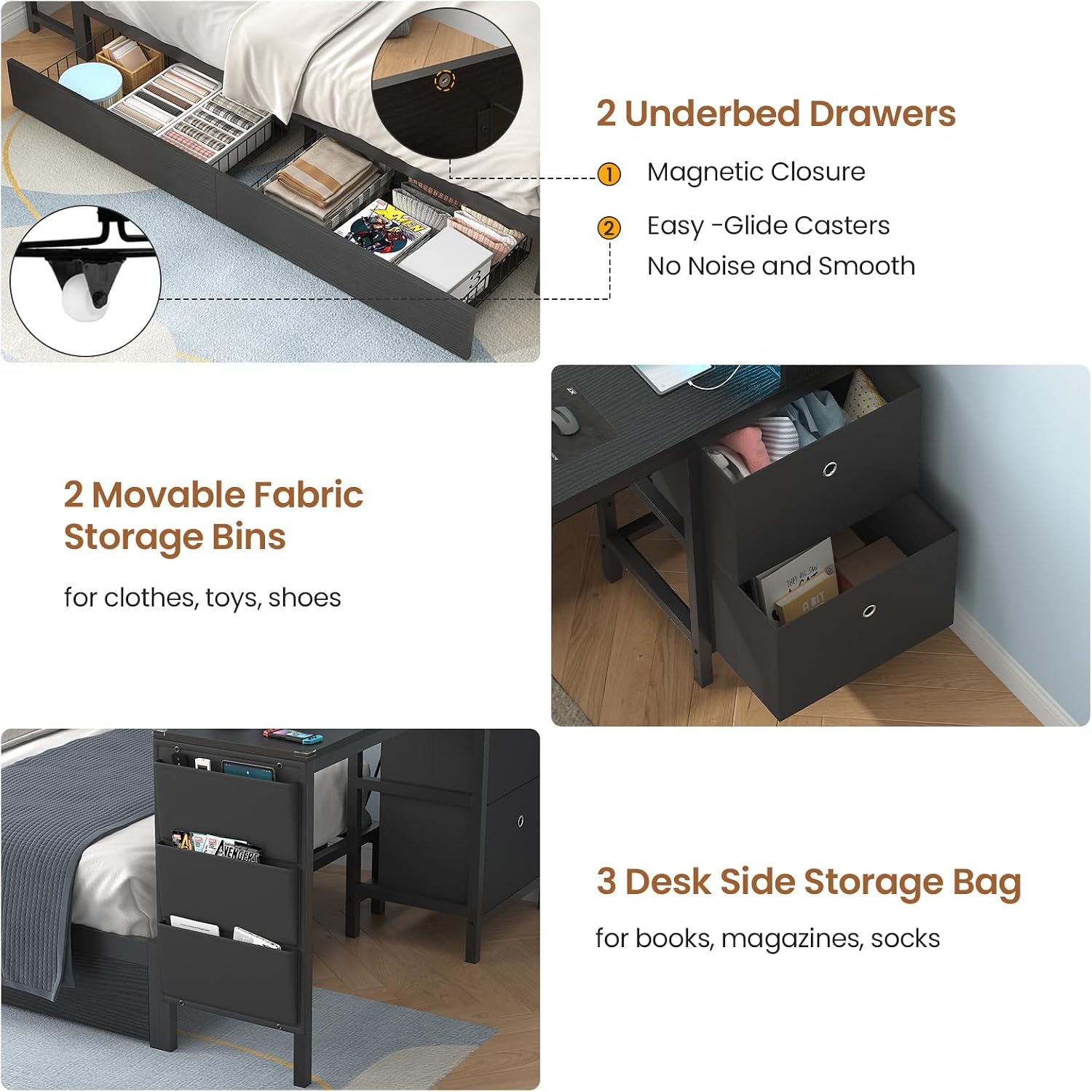 Hasuit Twin Corner Bed with Desk and Storage Bookcase, Daybed with 2 Drawers & 2 Storage Bins, Twin Size Platform Bed Frame with Charging Station and LED Light, Modern Teenagers Bedframe, Black
