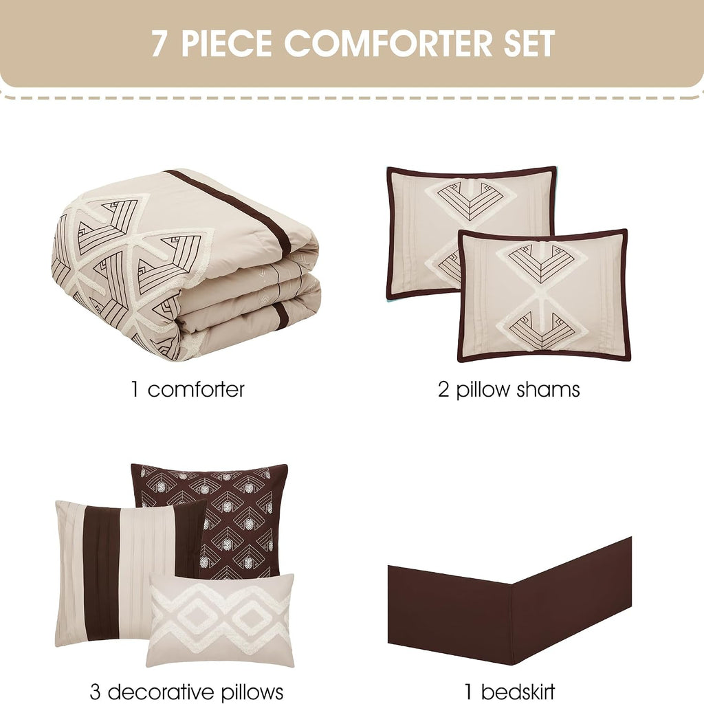 Stratford Park Brown Comforter Set Queen Size, 7 Piece, Terry Embroidery Geometric Home Decor, Matcking Bed Skirt, Pillows & Shams, All Season Bedding Set