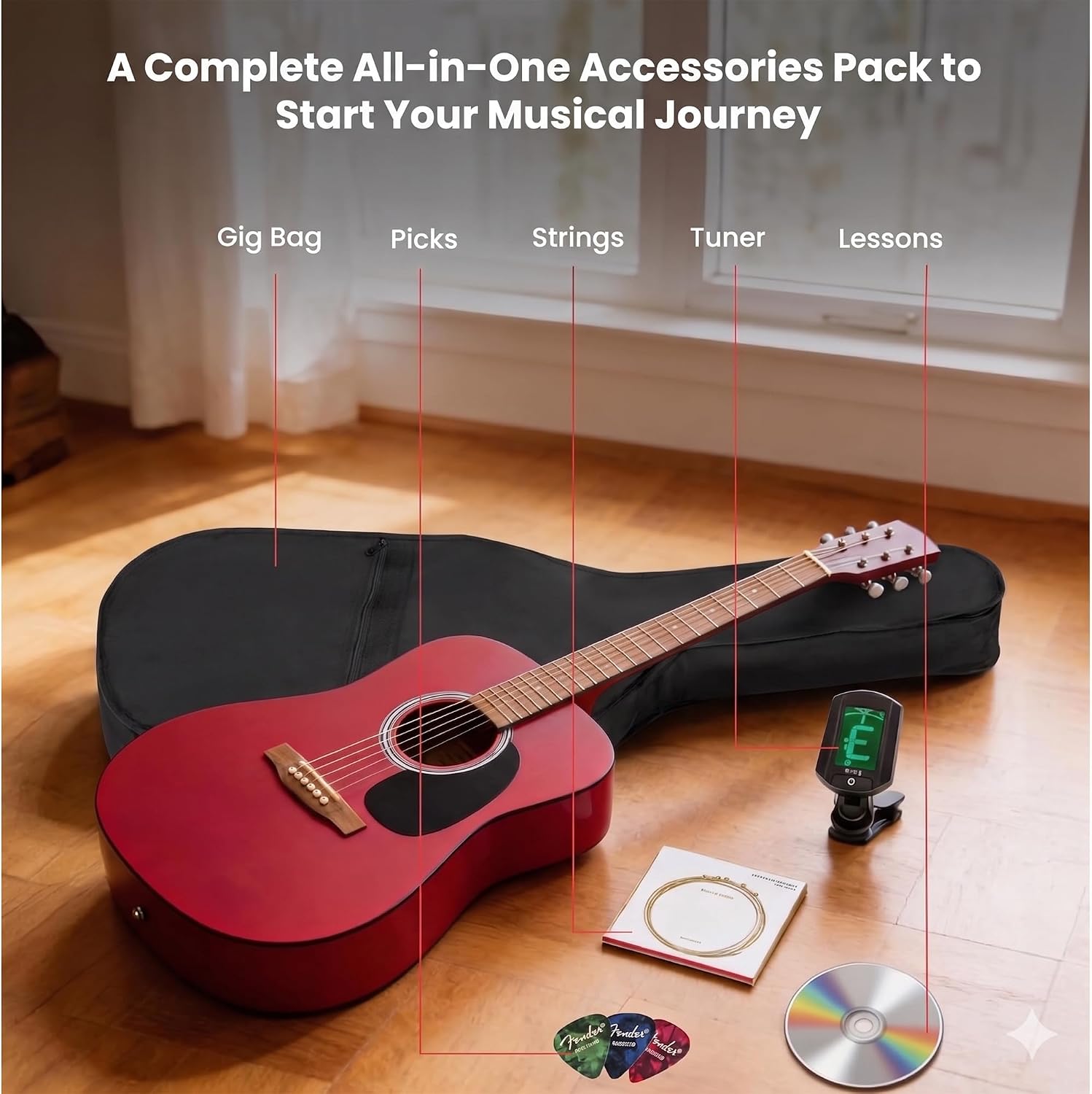 Fender FA Series Dreadnought Acoustic Guitar - Crimson Red Bundle with Gig Bag, Tuner, Strings, Picks, and Austin Bazaar Instructional DVD