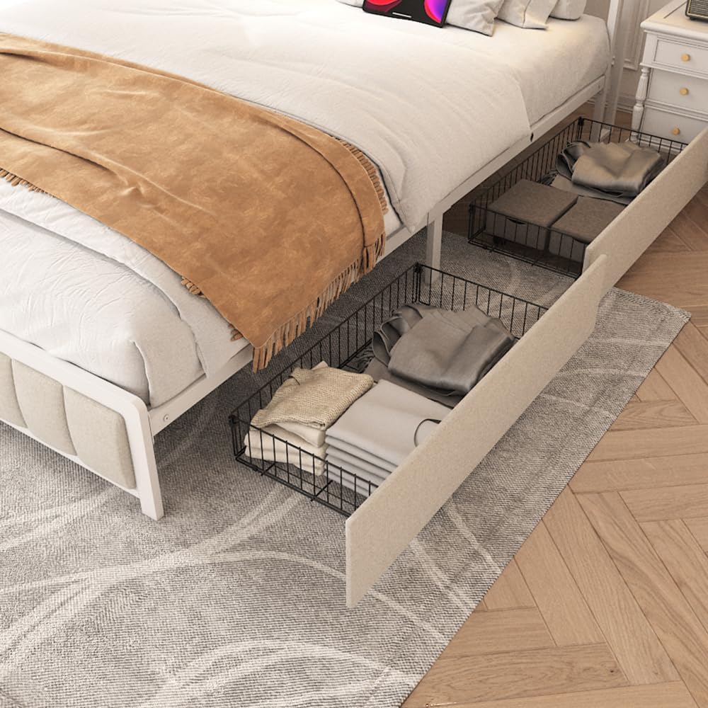 Queen Size Platform Bed with 4 Drawers, Metal Bed Frame with LED Lights and Charging Station, No Box Spring Needed, (Beige), Noise Free,Easy Assemble.
