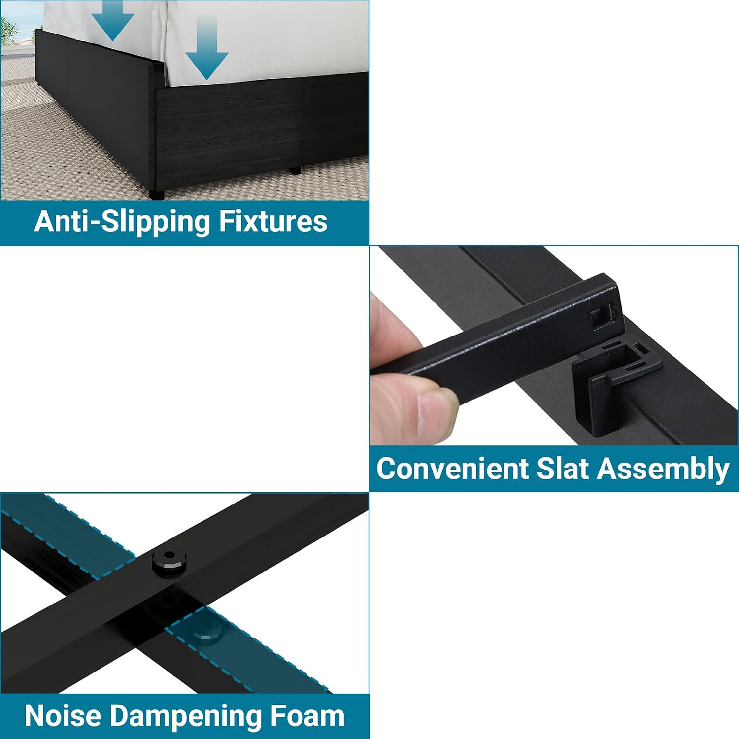 Kiivakii Full Size Bed Frame with 4 Storage Drawers, LED Headboard with Charging Station, Metal Bed Frames, No Box Spring Needed, Noise Free, Stable and Solid, Black