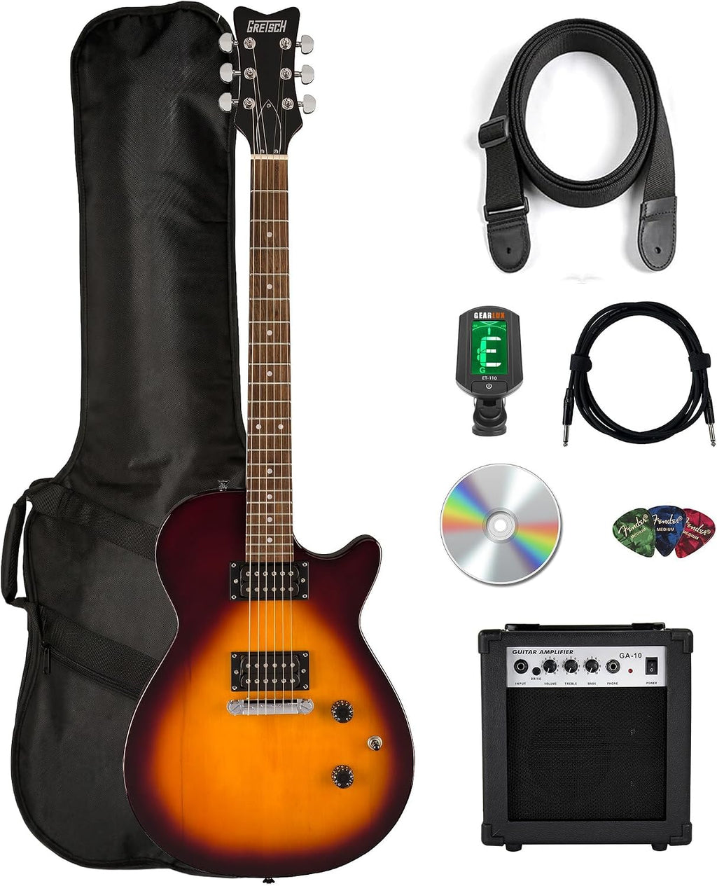 Gretsch Ignite Jet Club Electric Guitar - Duo-Tone Burst Bundle with Amplifier, Gig Bag, Strap, Tuner, Instrument Cable, Picks, and Austin Bazaar Instructional DVD