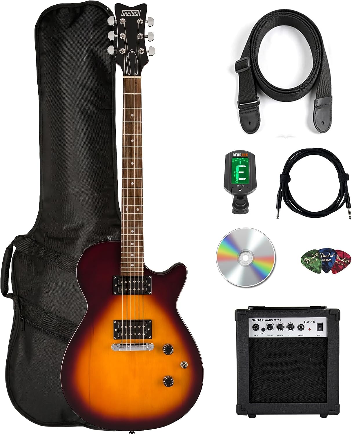 Gretsch Ignite Jet Club Electric Guitar - Duo-Tone Burst Bundle with Amplifier, Gig Bag, Strap, Tuner, Instrument Cable, Picks, and Austin Bazaar Instructional DVD