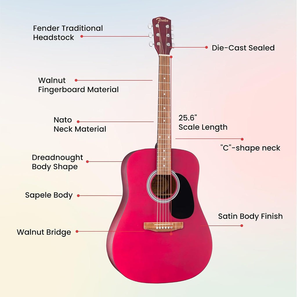Fender FA Series Dreadnought Acoustic Guitar - Crimson Red Bundle with Gig Bag, Tuner, Strings, Picks, and Austin Bazaar Instructional DVD