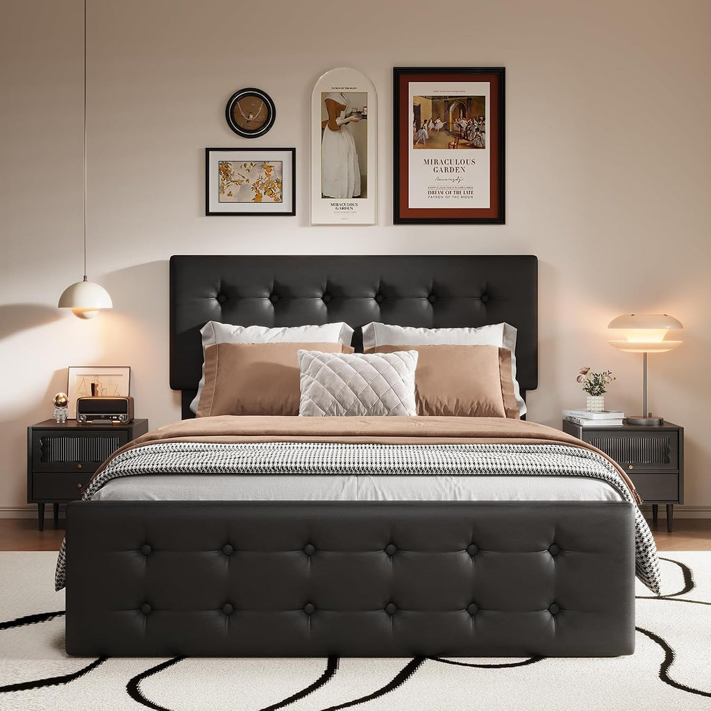 Full Size Platform Bed Frame with 4 Storage Drawers & Headboard, Faux Leather Upholstered, Button Tufted Design, Wooden Slats Support, Noise-Free Mattress Foundation, No Box Spring Needed, Black