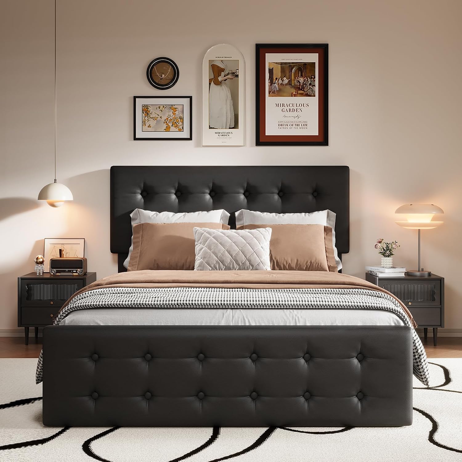 Full Size Platform Bed Frame with 4 Storage Drawers & Headboard, Faux Leather Upholstered, Button Tufted Design, Wooden Slats Support, Noise-Free Mattress Foundation, No Box Spring Needed, Black