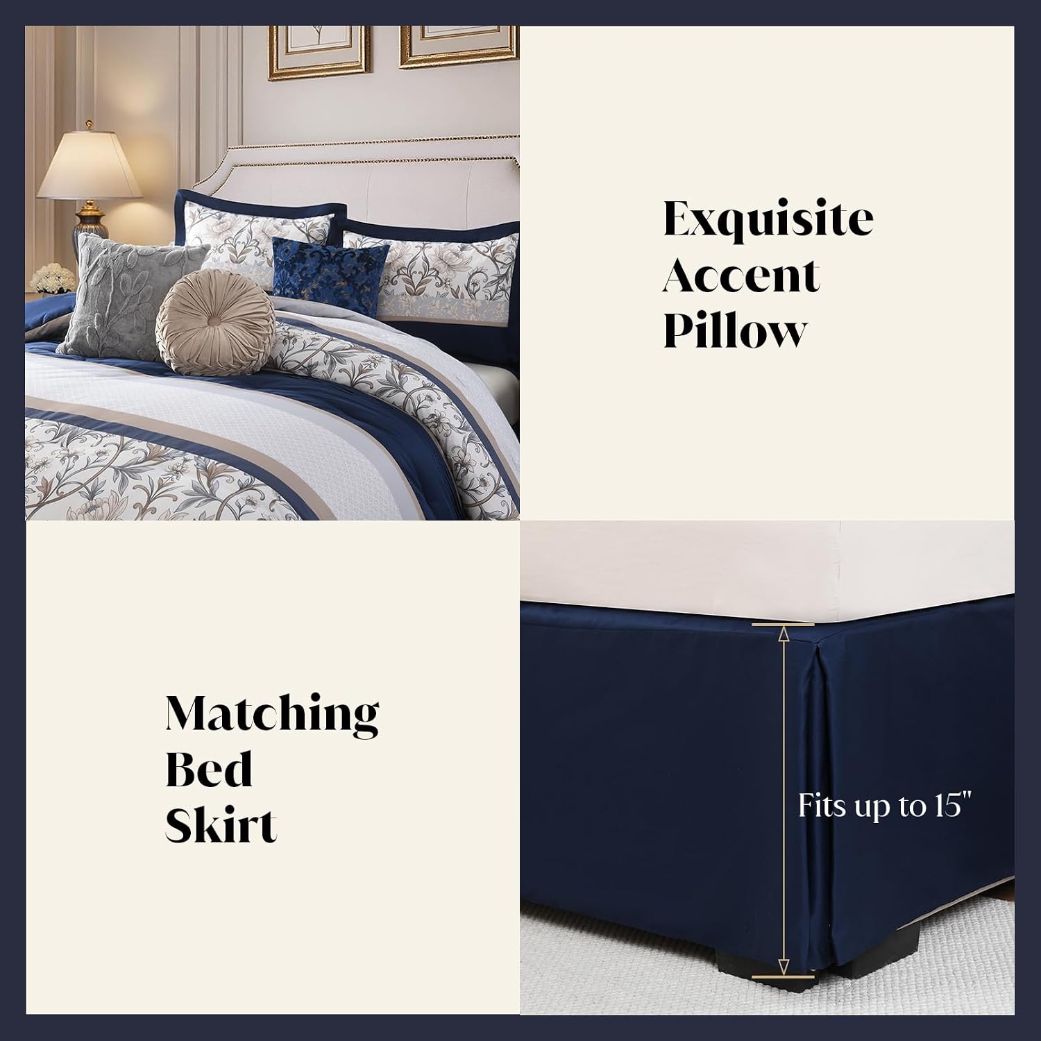 CozyDH 7-Piece Vintage Vine Floral Comforter Set, Navy Beige, Queen - 300TC Cotton Luxury Farmhouse Pleated Design, All-Season Down Alternative Bedding with Bedskirt, Shams, Decor Pillows, 90x90 in