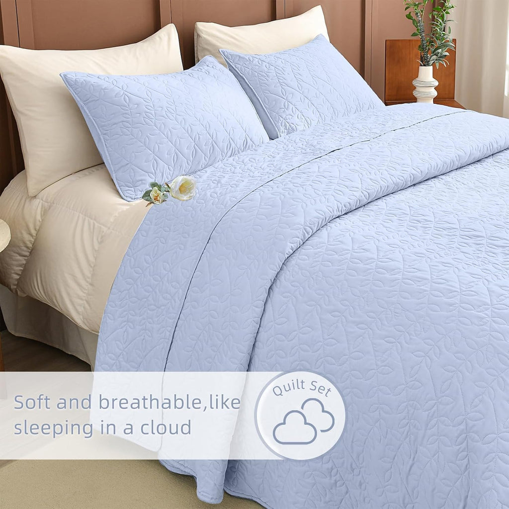 Lady Ann Light Blue Oversized King Bedspread 128x120, Leaves Pattern Printed Oversized King Quilt Set for Extra Large Bed, Lightweight & Soft Farmhouse Bedspreads & Coverlets, 3PCS