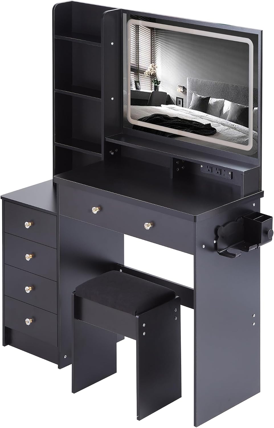 41' Queen Size Left Nightstand Dresser Set with Upholstered Stool, 2 AC Outlets + 2 USB Ports, Oversized Touch LED Mirror, 3 Colour Dimmer Switch (Black + MDF + American Design)