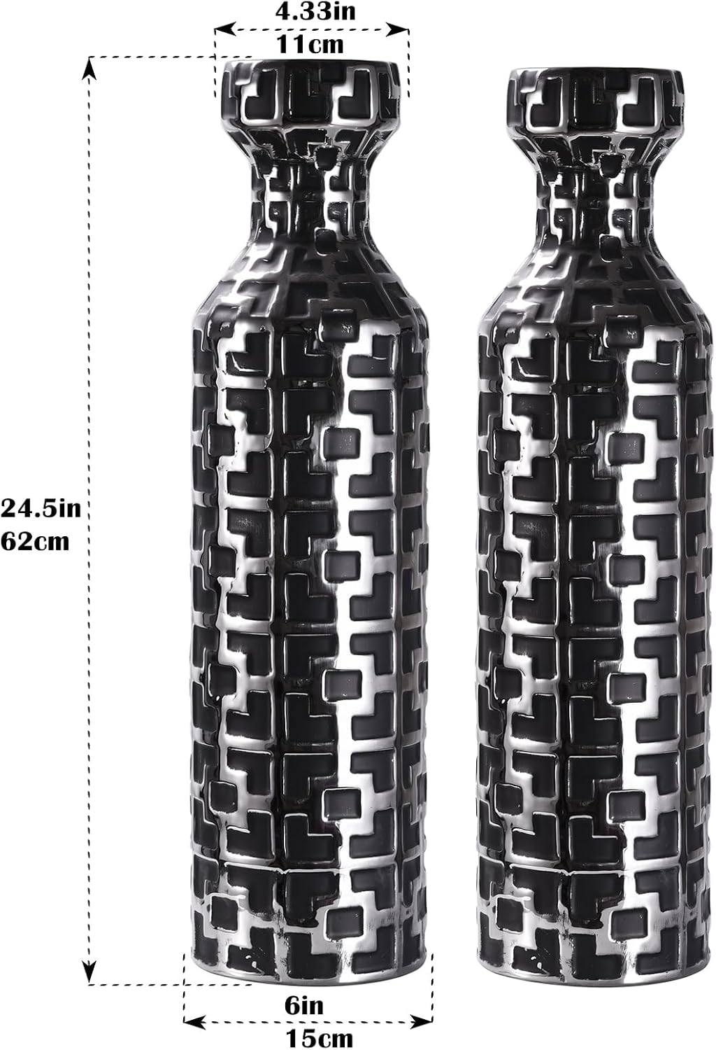 24.4 inch Tall Floor Vases Set of 2. Black Vase with Silver Geometric Patterns, Ceramics Modern Flower Vases for Living Room, Entryway, Indoor/Outdoor Decor, Large Vase for Home Decor