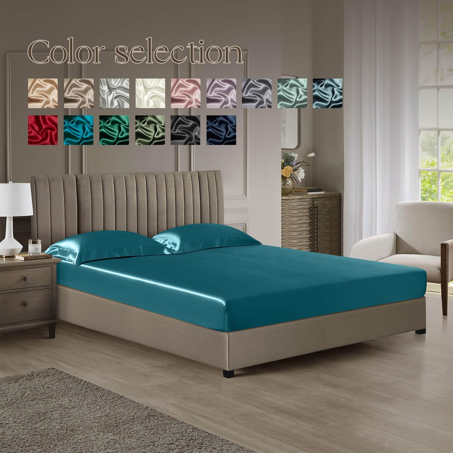 DISANGNI 22 Momme 100% Mulberry Silk Bedding Set - 4-Piece Luxury (2 Pillowcases, 1 Fitted Sheet, 1 Flat Sheet) - 6A Grade Natural Silk (Blue Green, Queen)