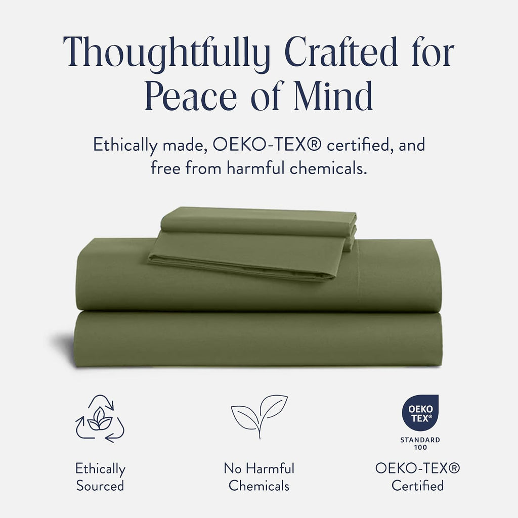 Brooklinen Luxury Sateen 4 Piece Sheet Set - 100% Cotton Bed Sheets, Soft & Durable Cali King Size Sheet Set in Fresh Moss, Oeko-TEX Certified Bedding Set, 1 Fitted Sheet, 1 Flat Sheet, 2 Pillowcases