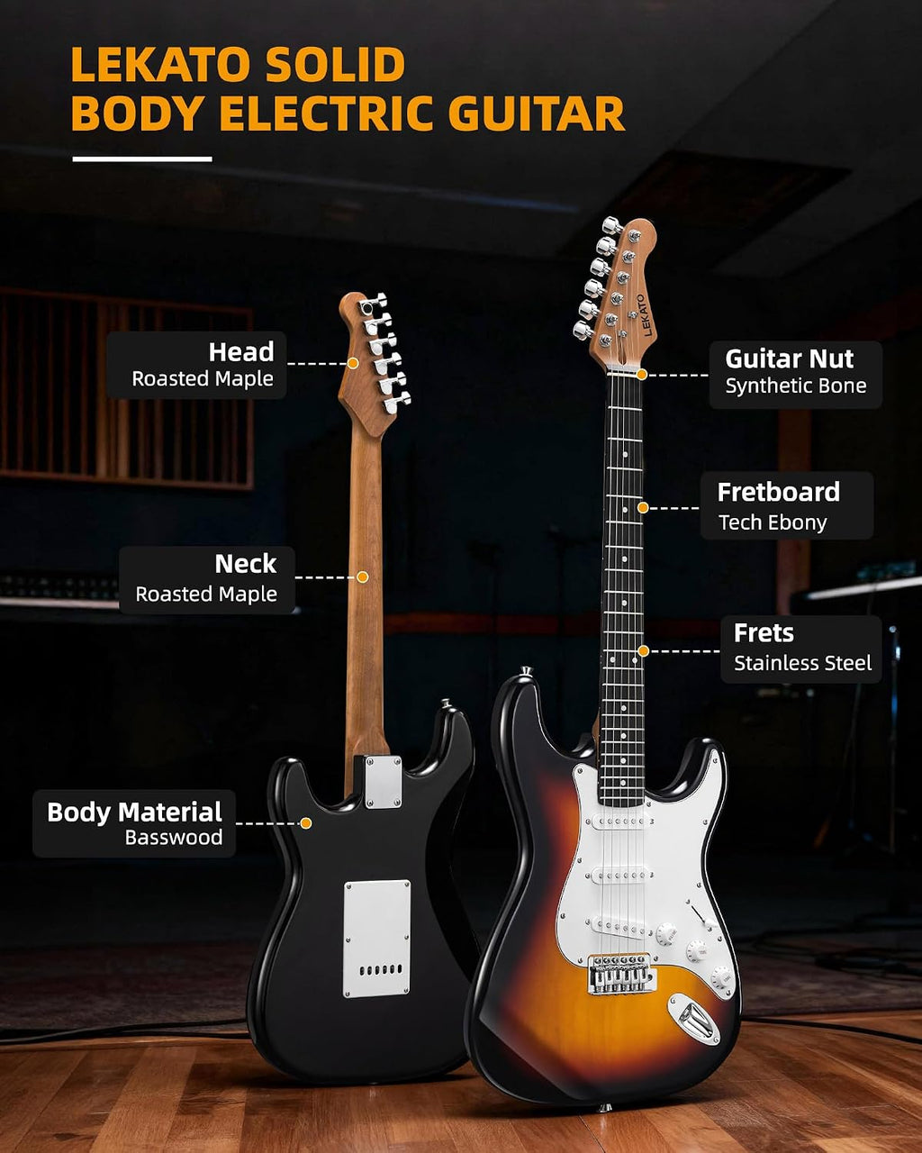 LEKATO Beginner Electric Guitar Kit 39 Inch Full Size Solid Body Guitar SSS for Starter Roasted Maple Neck Stainless Steel Frets, 5w Plug-in Amp, Bag, Tuner, Capo, Strap, Picks, String, Cable-Sunburst