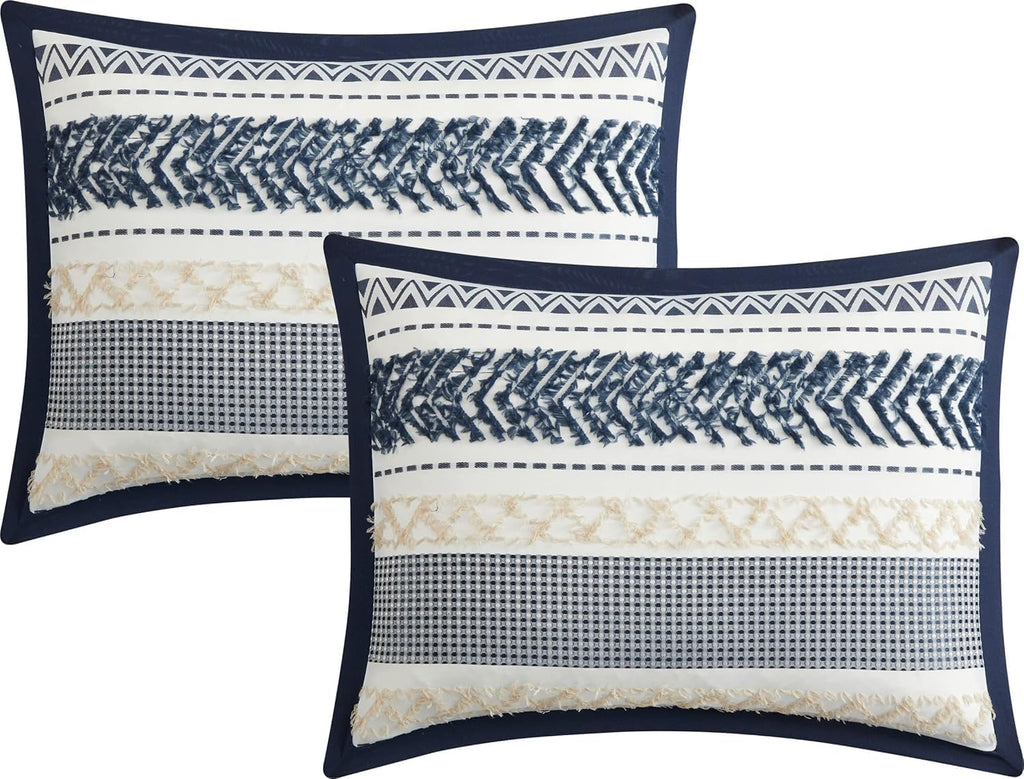Grand Avenue Navy Striped California King Comforter Set, 7 Piece, Jacquard & Clip All Season Premium Bedding Set, Matching Shams, Bedskirt, Decorative Pillows