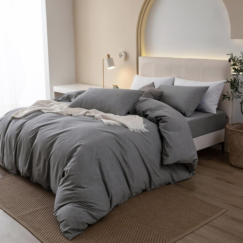 JIYUAN Alaska King Duvet Cover Set, 3-Piece - 100% Washed Cotton, Linen-Like Soft & Breathable with Zipper Closure, Includes 132x120 Inch Cover & 2 Pillowcases, Heathered Dark Grey
