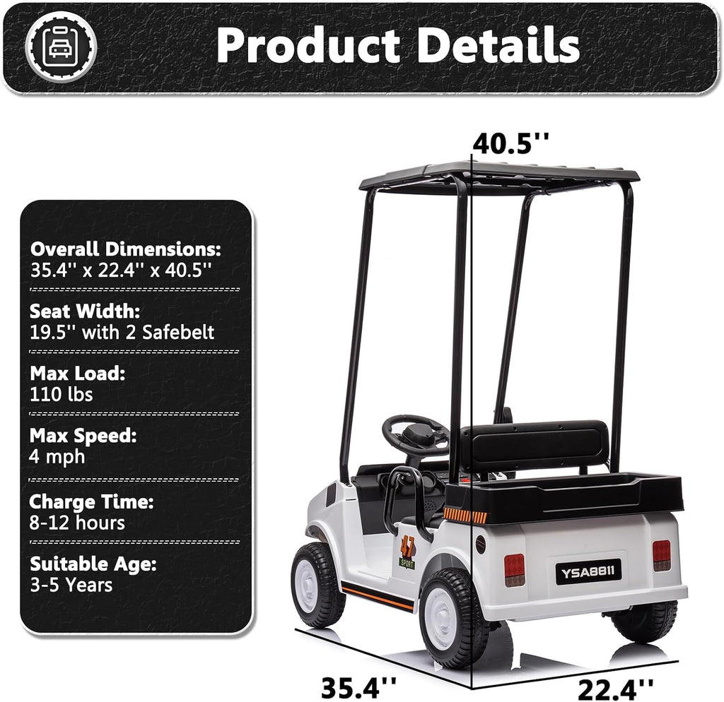 12V 7AH Golf Cart for Kids Boys Girls, Battery Powered Ride on Toys with Parent Remote Control, 2 Seater Ride on Golf Cart with Plastic Roof, Real Pedal, Music Player, Horn (White)