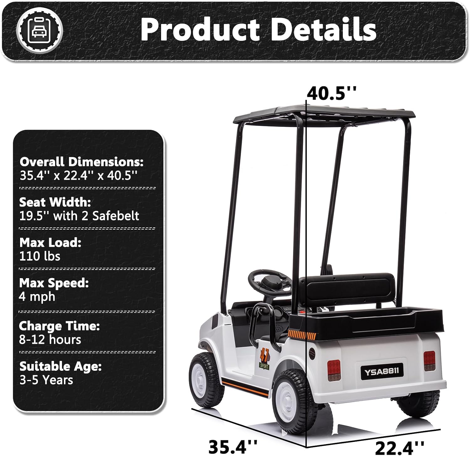 12V 7AH Golf Cart for Kids Boys Girls, Battery Powered Ride on Toys with Parent Remote Control, 2 Seater Ride on Golf Cart with Plastic Roof, Real Pedal, Music Player, Horn (White)