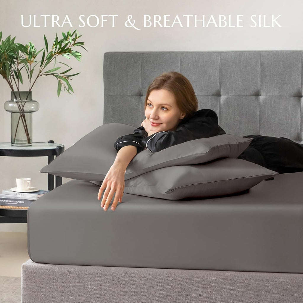 THXSILK 100% Mulberry Silk Fitted Sheet Set, 7A+ Silk 3 Pieces Bed Sheets, Breathable, Smooth, 16 Inch Deep Pocket Fitted Sheet, 2 Pillowcases - Charcoal, Full