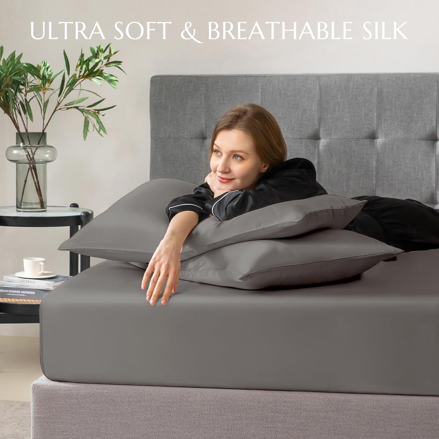 THXSILK 100% Mulberry Silk Fitted Sheet Set, 7A+ Silk 3 Pieces Bed Sheets, Breathable, Smooth, 16 Inch Deep Pocket Fitted Sheet, 2 Pillowcases - Charcoal, Full