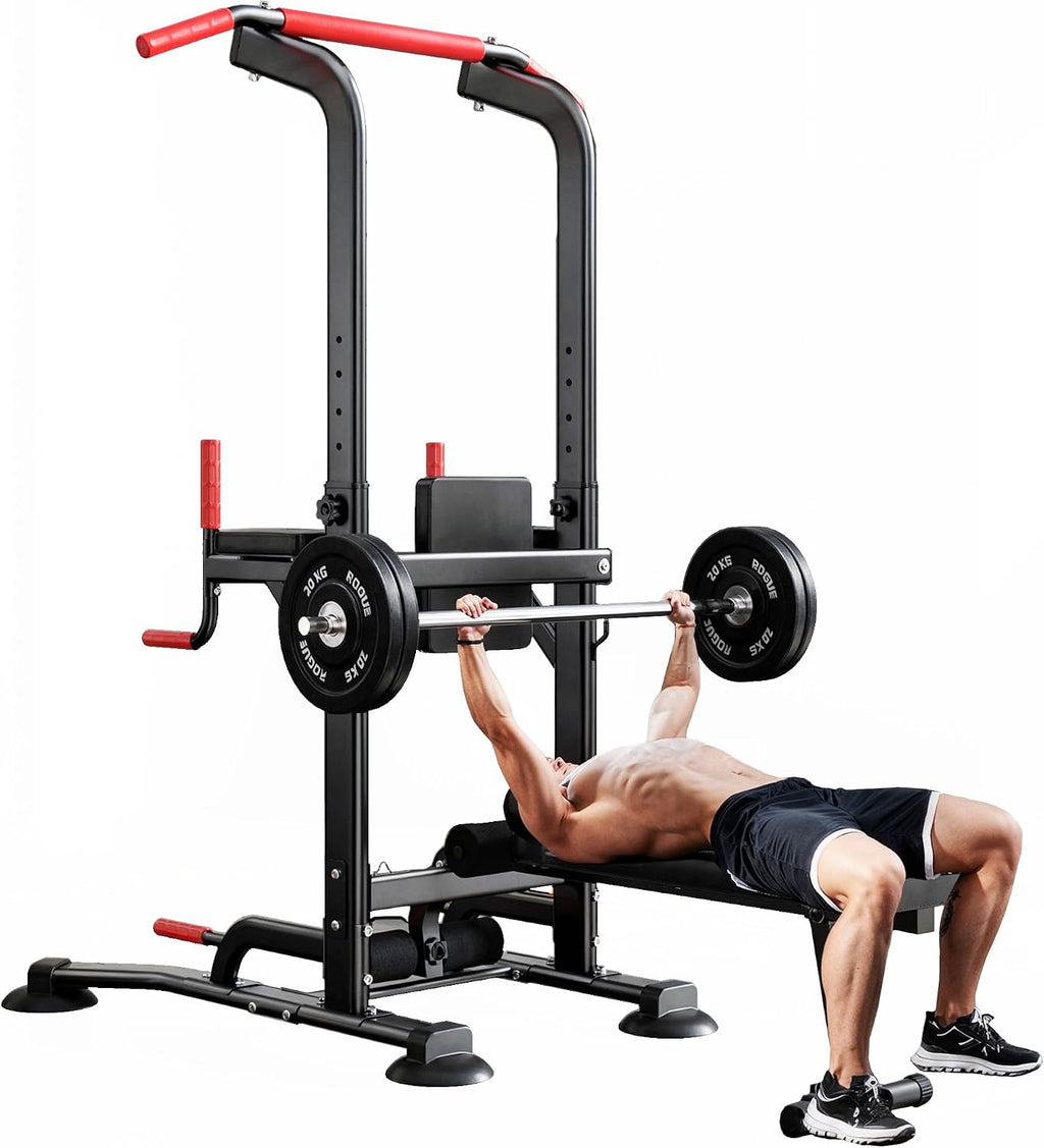 soges Pull Up Bar Dip Station, Power Tower with Folding Dumbbell Bench & Backrest, Adjustable Height Pull Up Bar Stand, Multi-Function Home Gym Strength Training Fitness Equipment 330LBS