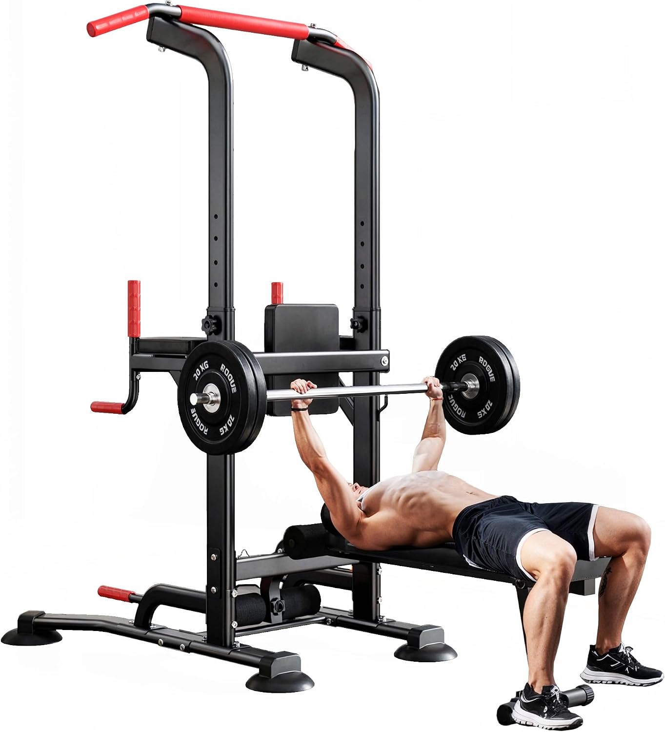 soges Pull Up Bar Dip Station, Power Tower with Folding Dumbbell Bench & Backrest, Adjustable Height Pull Up Bar Stand, Multi-Function Home Gym Strength Training Fitness Equipment 330LBS