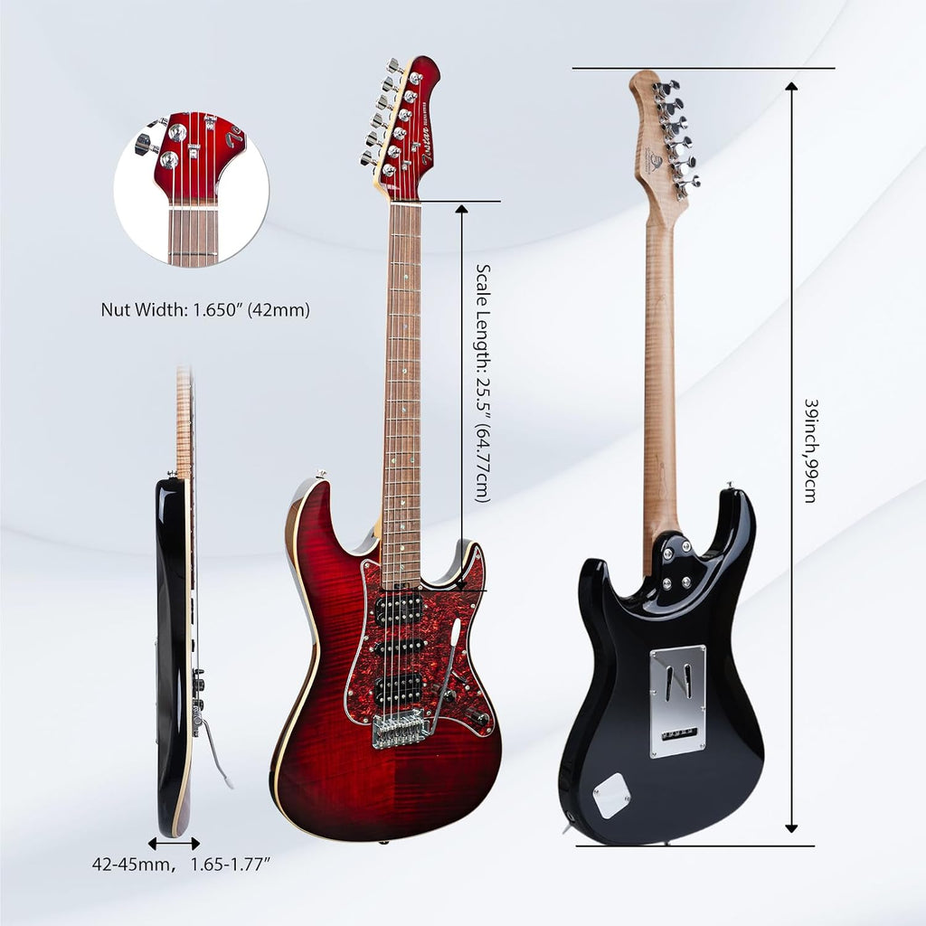 TOSTAR Electric Guitar with HSH Alnico 5 Pickups, Locking Tuners, Push-Pull Coil Split, Enhanced Sustain, Solid Body Electric Guitars for Advanced Players, Guitarra Electrica, Red