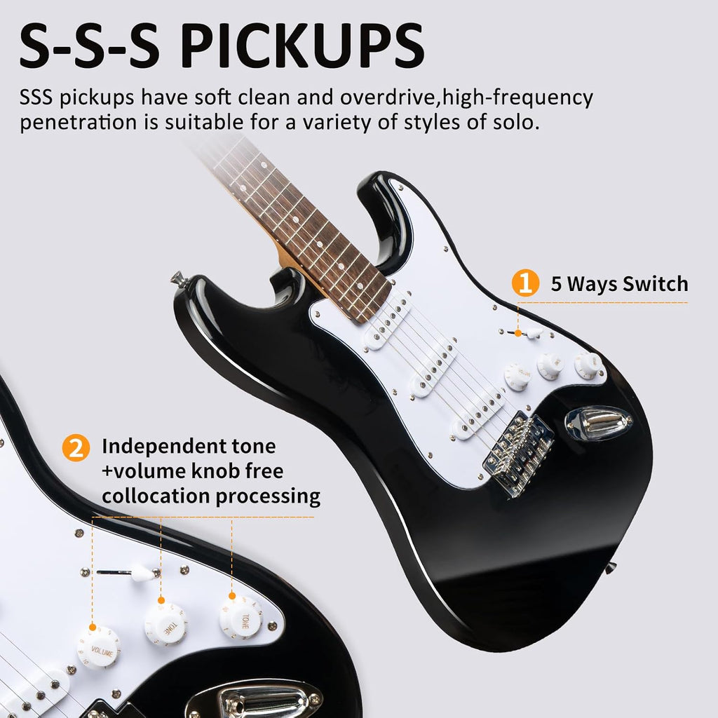 AODSK Electric Guitar with Amp Beginner Kit 39 Inch Solid Body Full Size,All Accessories,Digital Tuner,Six Strings,Four Picks,Tremolo Bar,Strap,Gig Bag,Starter kit (Black-SSS)