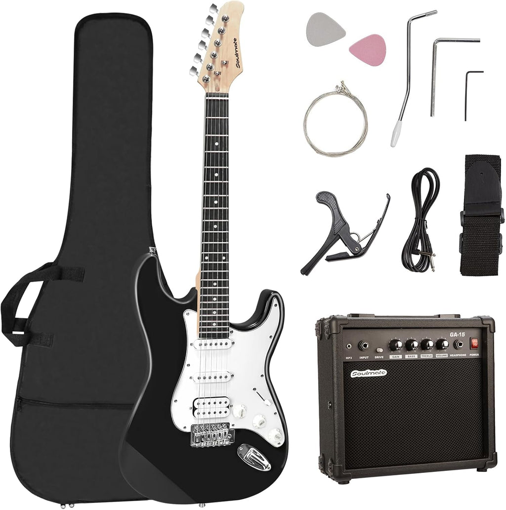 Soulmate Electric Guitar Kit for Beginner 39 Inch Full Size HSS Pick Up Right Handed Starter Solid Body Electric Guitar, with Amplifier, Bag, Capo, Strap, String,Cable, Picks, Black