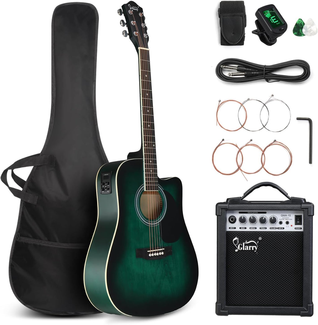 GLARRY Full Size 6 Strings Acoustic Electric Guitar Beginner Kit w/ 15W Amp, Cutaway 41 Inch Electric Acoustic Guitar w/Inbuilt Tuner, Bag, Strap, Picks, Strings, Basswood Guitarra, Distressed Green