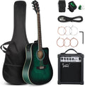 GLARRY Full Size 6 Strings Acoustic Electric Guitar Beginner Kit w/ 15W Amp, Cutaway 41 Inch Electric Acoustic Guitar w/Inbuilt Tuner, Bag, Strap, Picks, Strings, Basswood Guitarra, Distressed Green