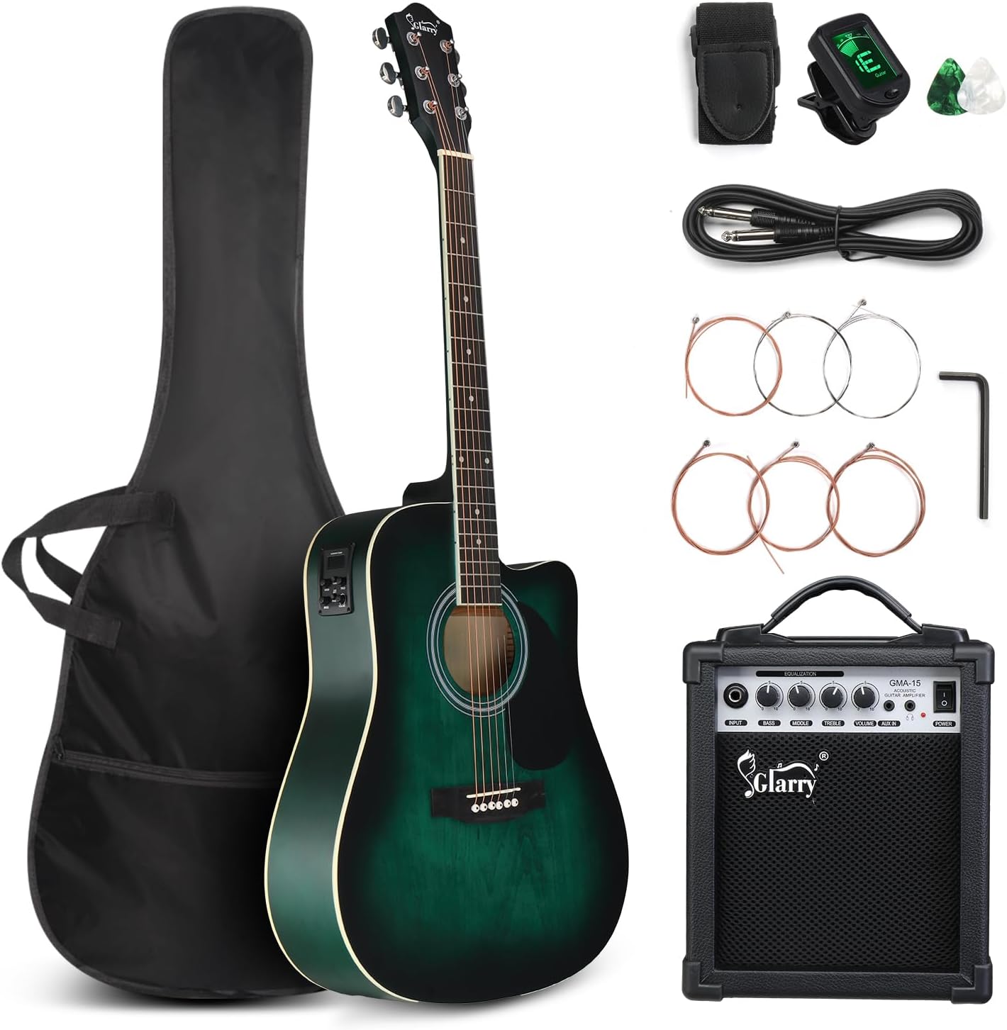 GLARRY Full Size 6 Strings Acoustic Electric Guitar Beginner Kit w/ 15W Amp, Cutaway 41 Inch Electric Acoustic Guitar w/Inbuilt Tuner, Bag, Strap, Picks, Strings, Basswood Guitarra, Distressed Green