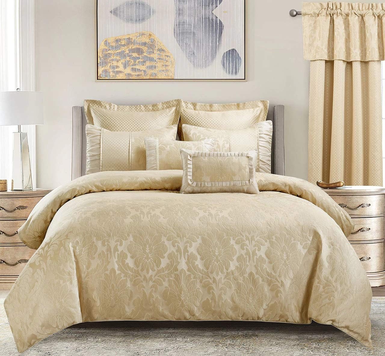 sheetsnthings Jacquard Full Size Comforter Set- 12PC Bed in a Bag Includes Sara (Beige) Duvet Cover Set, Down Alternative Comforter, Bed Sheets