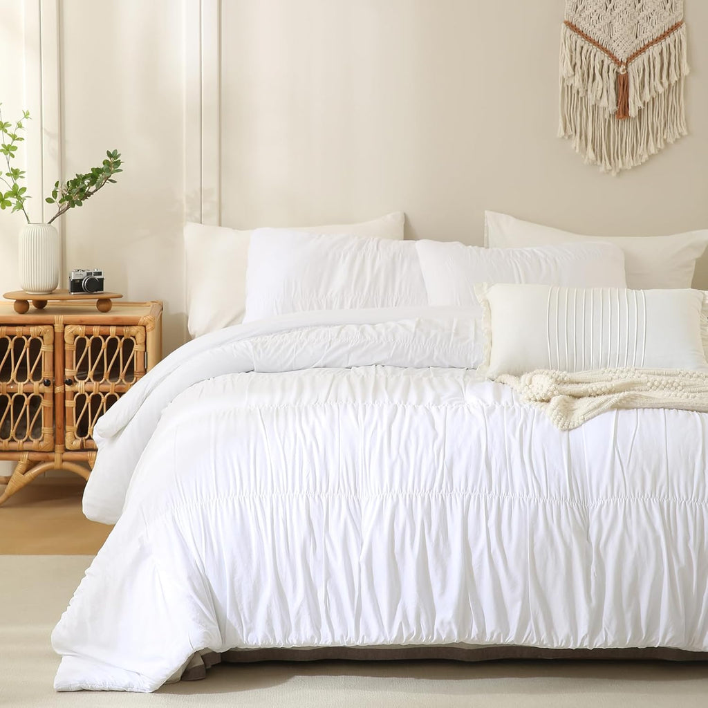 Lady Ann Oversized King Size Comforter Sets 128x120- White Ruched Bedroom Sets, Fluffy Bedding Comforter Sets, Soft & Luxurious All Season Bed Sets for Women Men, 3pcs