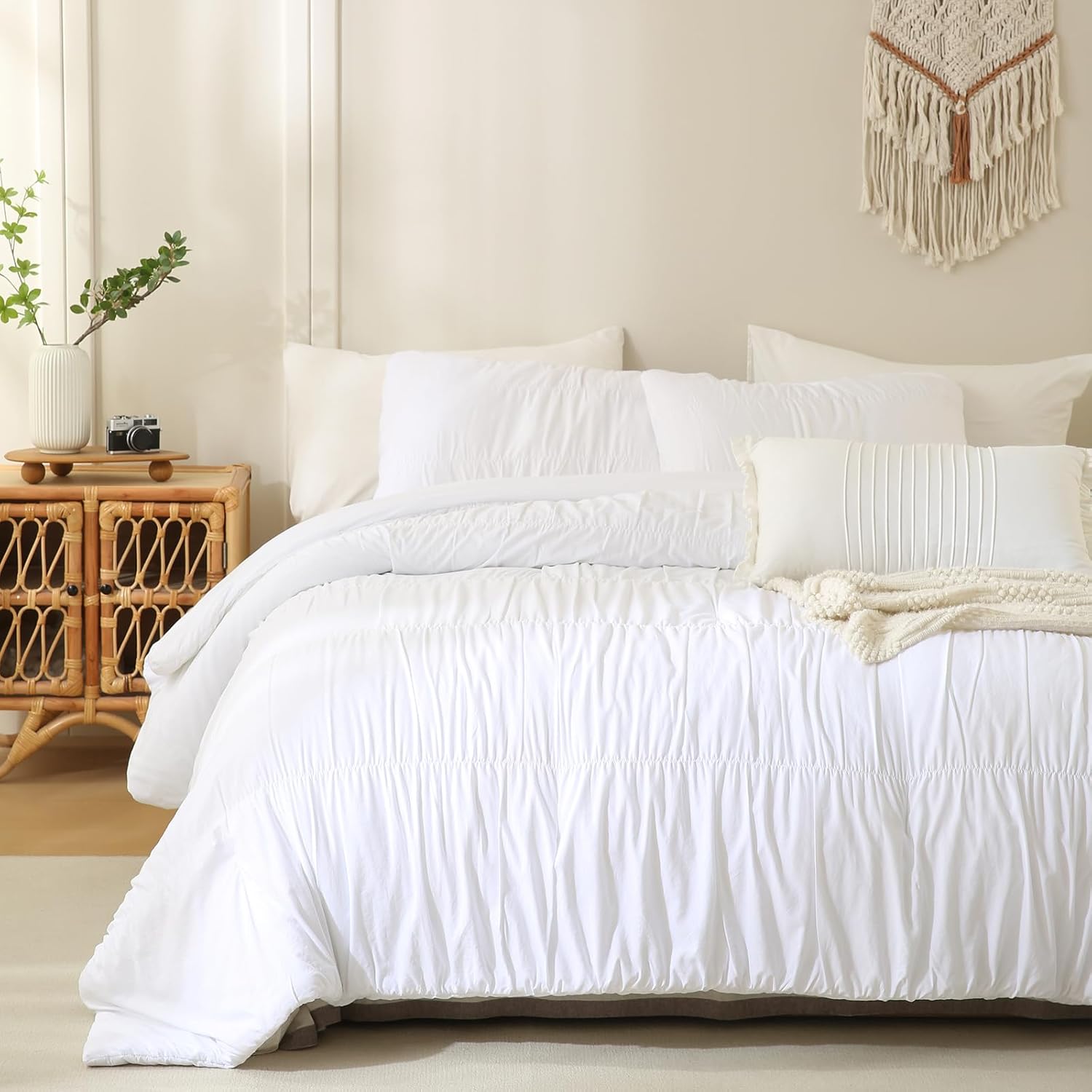 Lady Ann Oversized King Size Comforter Sets 128x120- White Ruched Bedroom Sets, Fluffy Bedding Comforter Sets, Soft & Luxurious All Season Bed Sets for Women Men, 3pcs