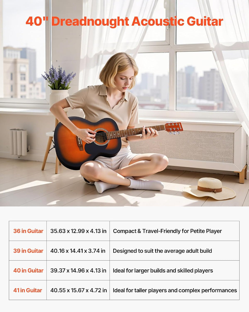 VEVOR Dreadnought Acoustic Guitar, 40 in, 6-String Sunburst Solid Top Guitar, Beginner Bundle with Gig Bag, Tuner, Strap, Steel Strings, Picks, Capo, Rosewood Fingerboard, for Adults, Skilled Players