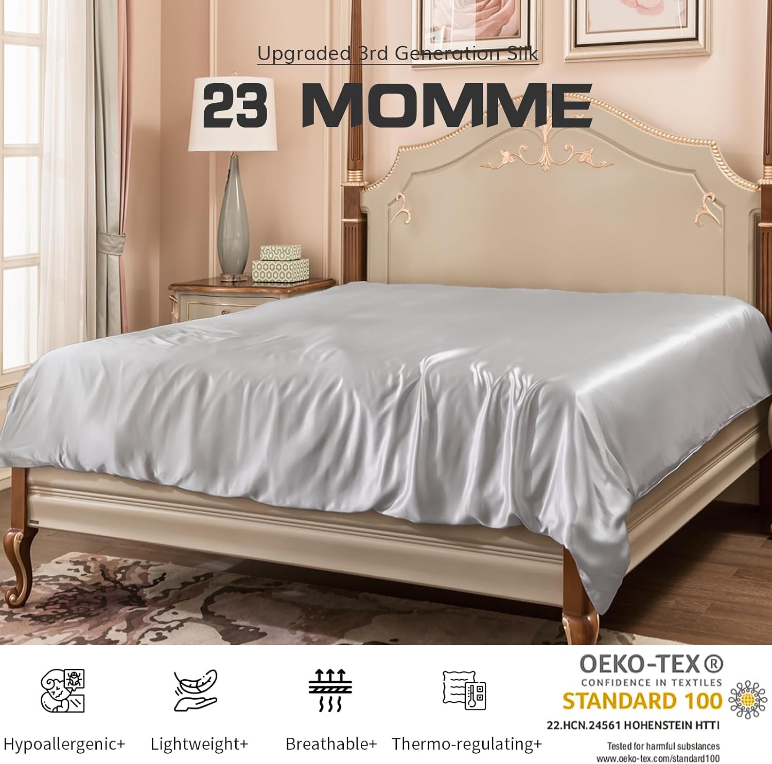 PROMEED 100% Mulberry Silk Duvet Cover Set 3PCS Full Size, Real 23 Momme Grade 6A Silk Bedding Set with Duvet Cover and Pillowcases (Light Grey, Full)