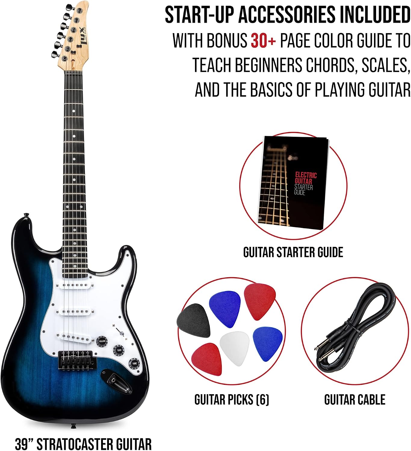LyxPro CS 39' Electric Guitar Kit for Beginner, Intermediate & Pro Players with Guitar, Amp Cable, 6 Picks & Learner's Guide | Solid Wood Body, Volume/Tone Controls, 5-Way Pickup - Blue