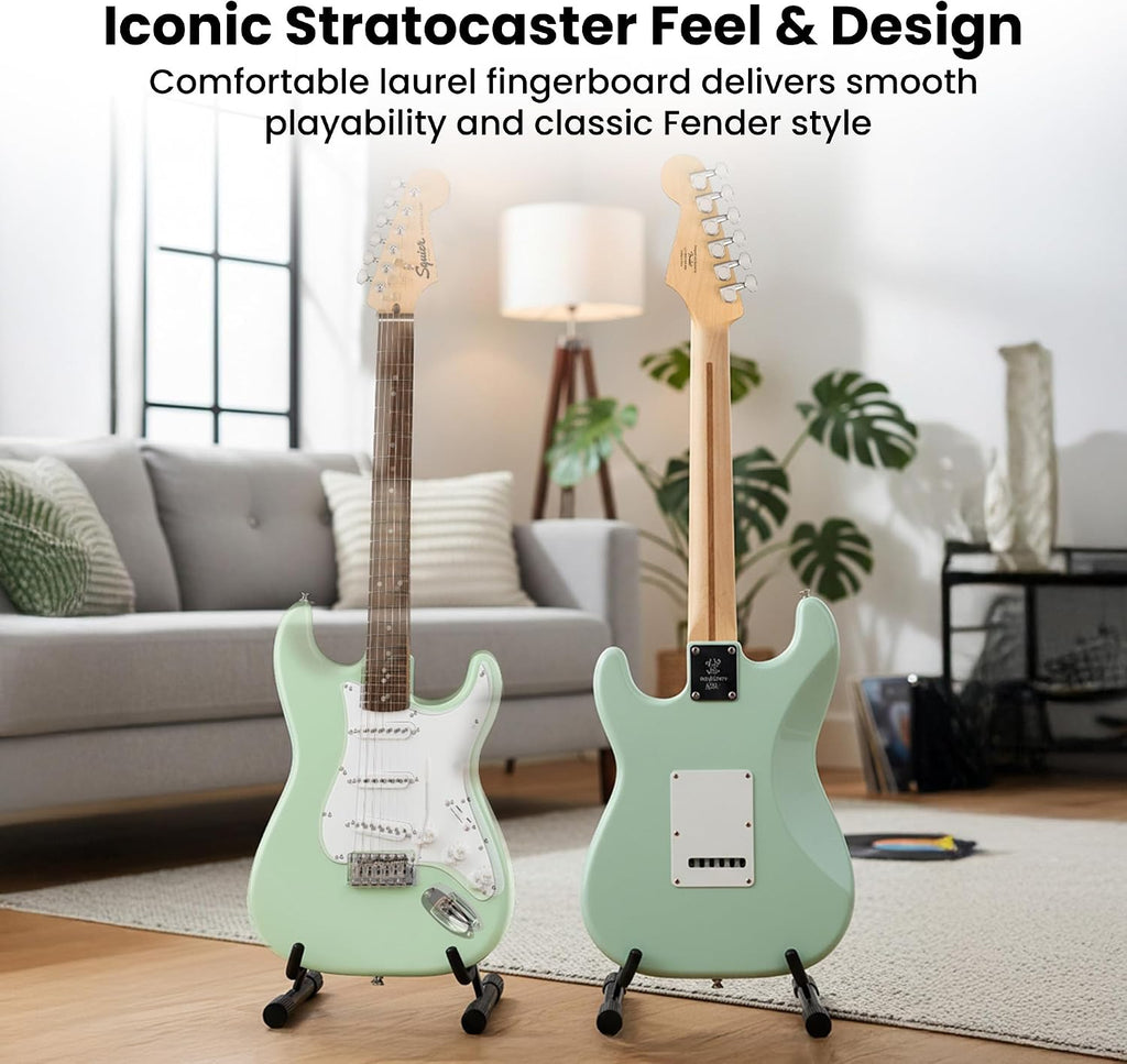 Fender Squier Sonic Stratocaster Pack - Surf Green Bundle with Frontman 10G Amp, Gig Bag, Instrument Cable, Strap, Picks, and 3-Month Fender Play