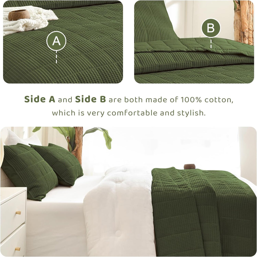 Sanracie Oversized King Quilt (120'x120'), Cotton Olive Green Waffle Weave Quilt Bedding Set 3Pcs Extra Wide Large Soft Breathable Luxury Aesthetic Bedding Coverlet for All Season