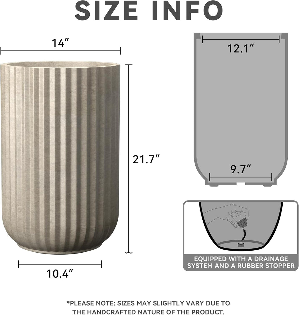 Kante Tall Fulted Planter, 21.7 Inch Tall Round Concrete Plant Pots with Drainage Hole and Rubber Plug, Modern Decor for Indoor Outdoor Plants, Flower, Weathered Concrete