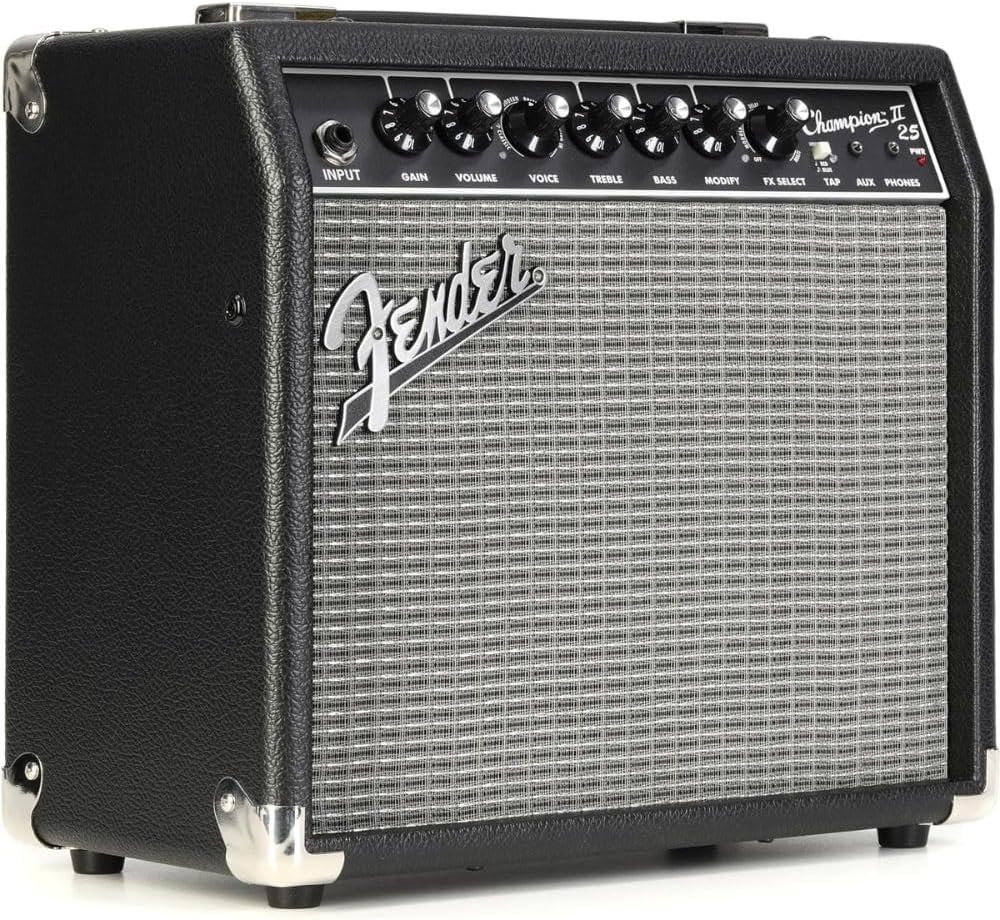 Fender Champion II 25 Guitar Amp, 25 Watts Bundle with Fender Joe Strummer Instrument Cable (13ft) Straight/Straight, Drab Green