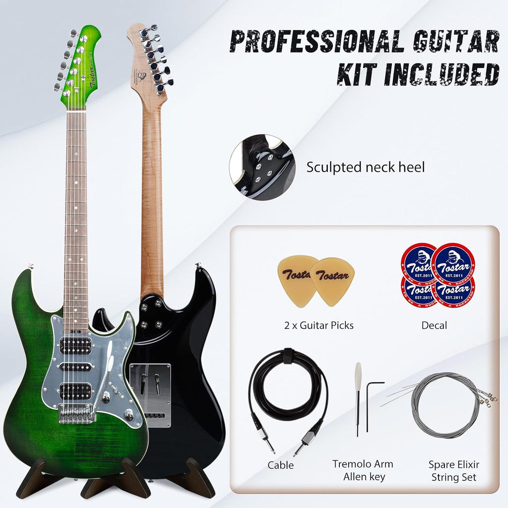 TOSTAR Electric Guitar with HSH Alnico 5 Pickups, Locking Tuners, Push-Pull Coil Split, Enhanced Sustain, Solid Body Electric Guitars for Advanced Players, Guitarra Electrica, Green
