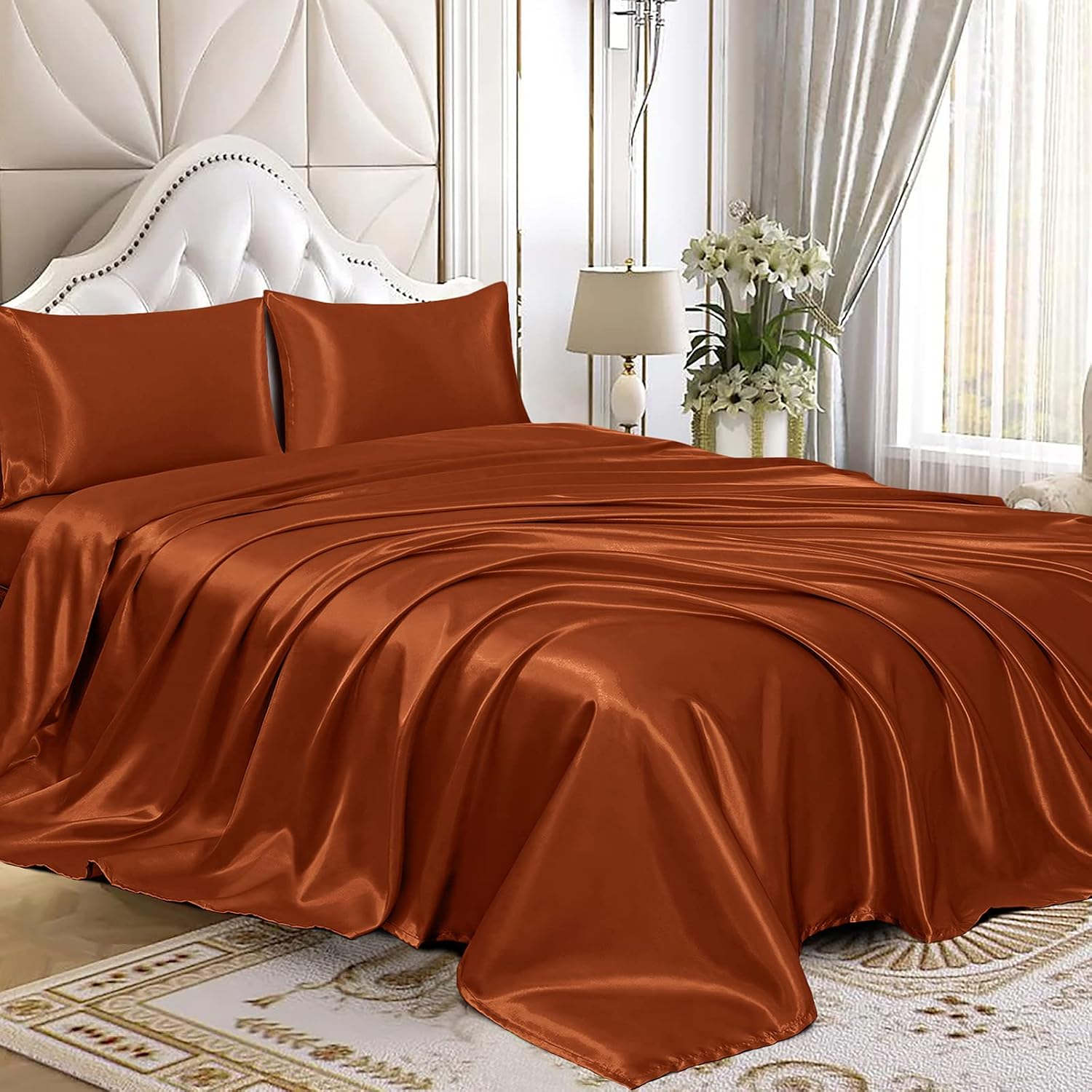 16 Momme 100% Mulberry Silk Bedding Set Full XL Size 4-Piece Luxury (2 Pillowcases, 1 Fitted Sheet, 1 Flat Sheet) - 6A Grade Natural Silk Fits 22-25' Deep Pocket (Solid, Burnt Orange)