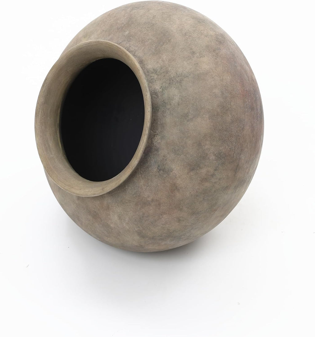 LuxenHome Round Rustic Ceramic Vase, 10' Wide Terracotta Pot with Earthy Gray-Brown Finish, Vintage Decorative Vase for Dining Table Home Decor, Farmhouse Pottery Vases for Shelf Living Room Decor