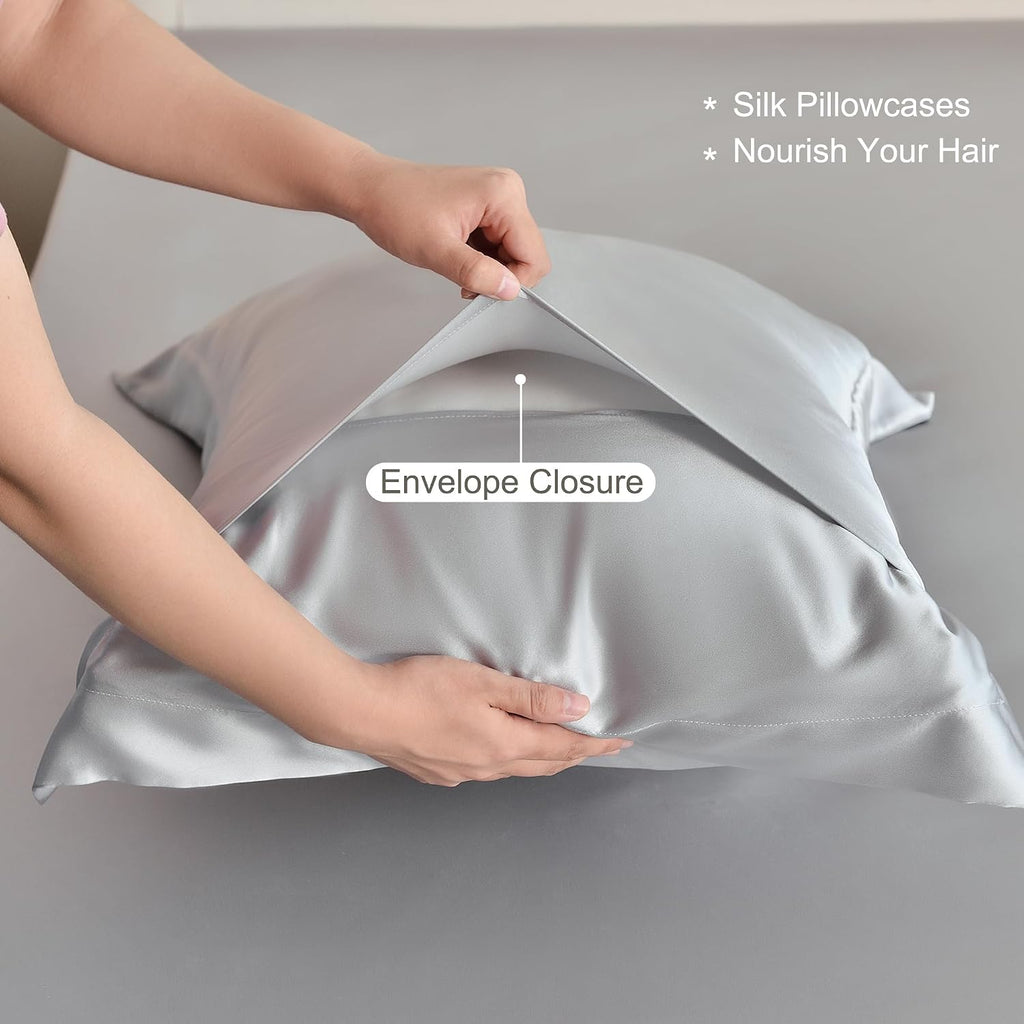 Silk Sheet Set - 100% Mulberry Silk, 19 Momme, Deep Pockets, Ultra Soft Luxury Bedding (Gray, King)
