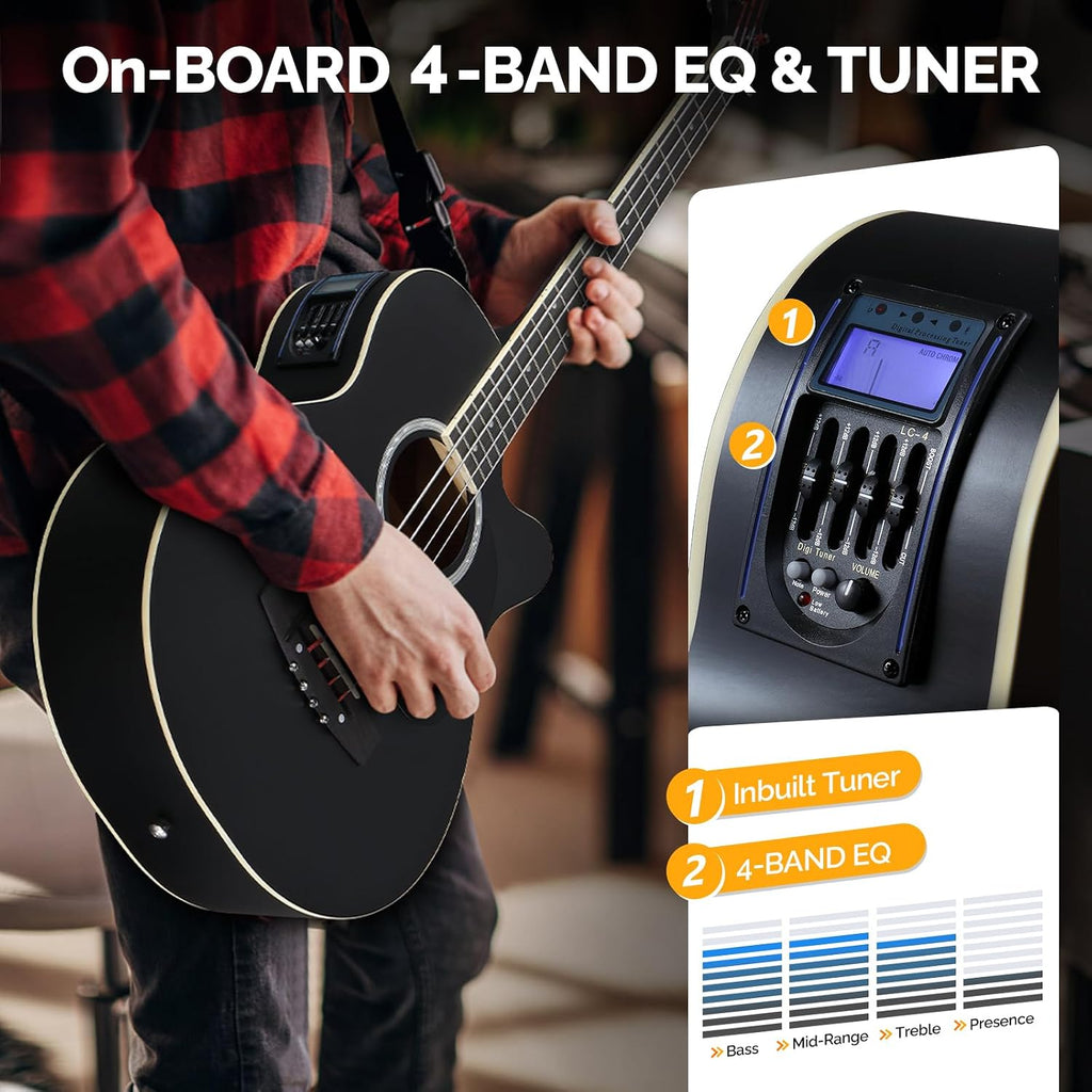 GLARRY Full Size Acoustic Electric Bass Guitar Beginner Kit w/ 15W Amp, Cutaway 4 Strings Electric Acoustic Bass Guitar w/Inbuilt Tuner, Bag, Strap, Picks, Strings, Bass Guitarra，Matte Black