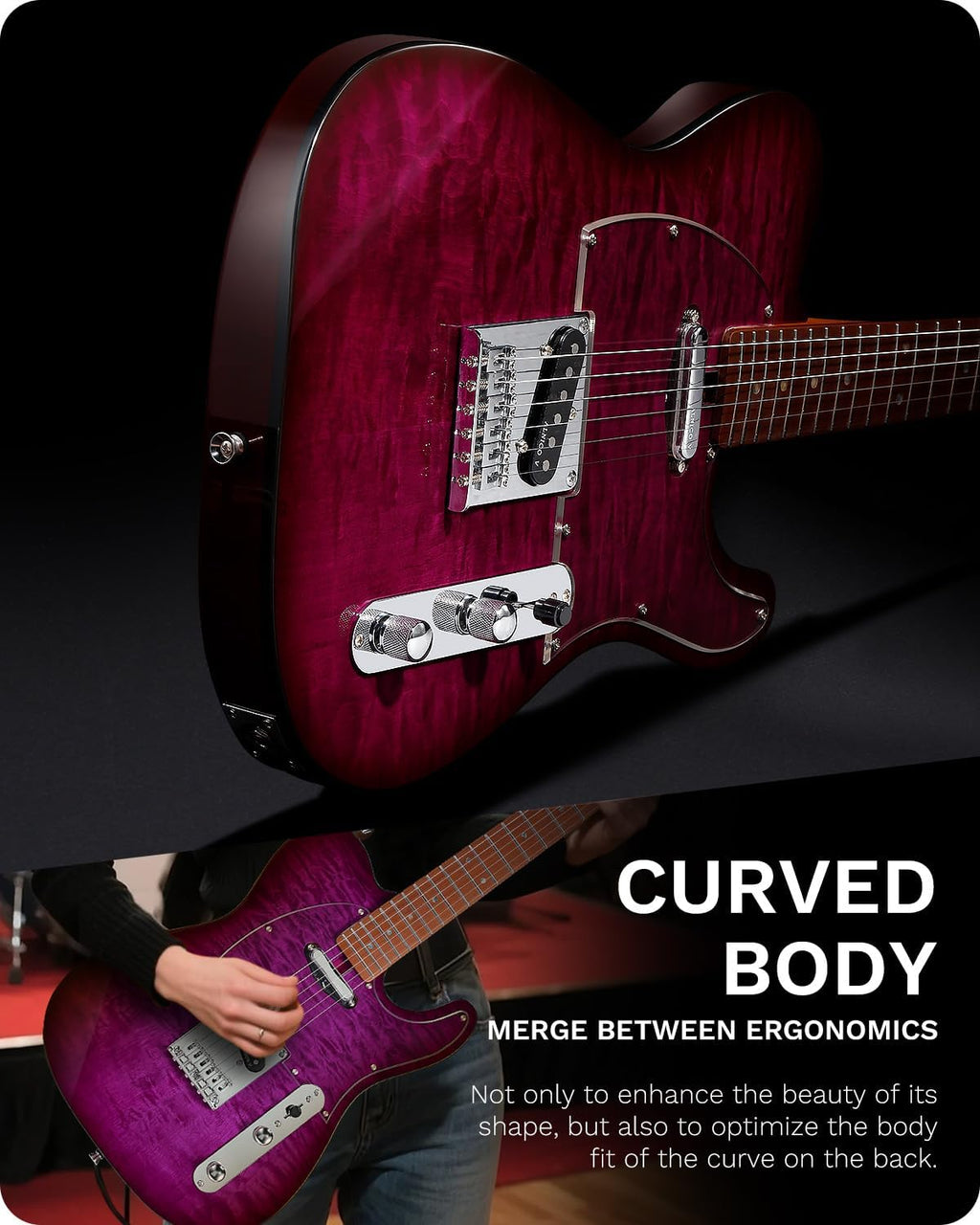 Leo Jaymz TL Electric Guitar - Flame Maple Top, Mahogany Body, Maple Neck - Alnico V Pickups, Locking Tuners - Solid Choice for Beginners & Intermediate Players (Purple Ocean)