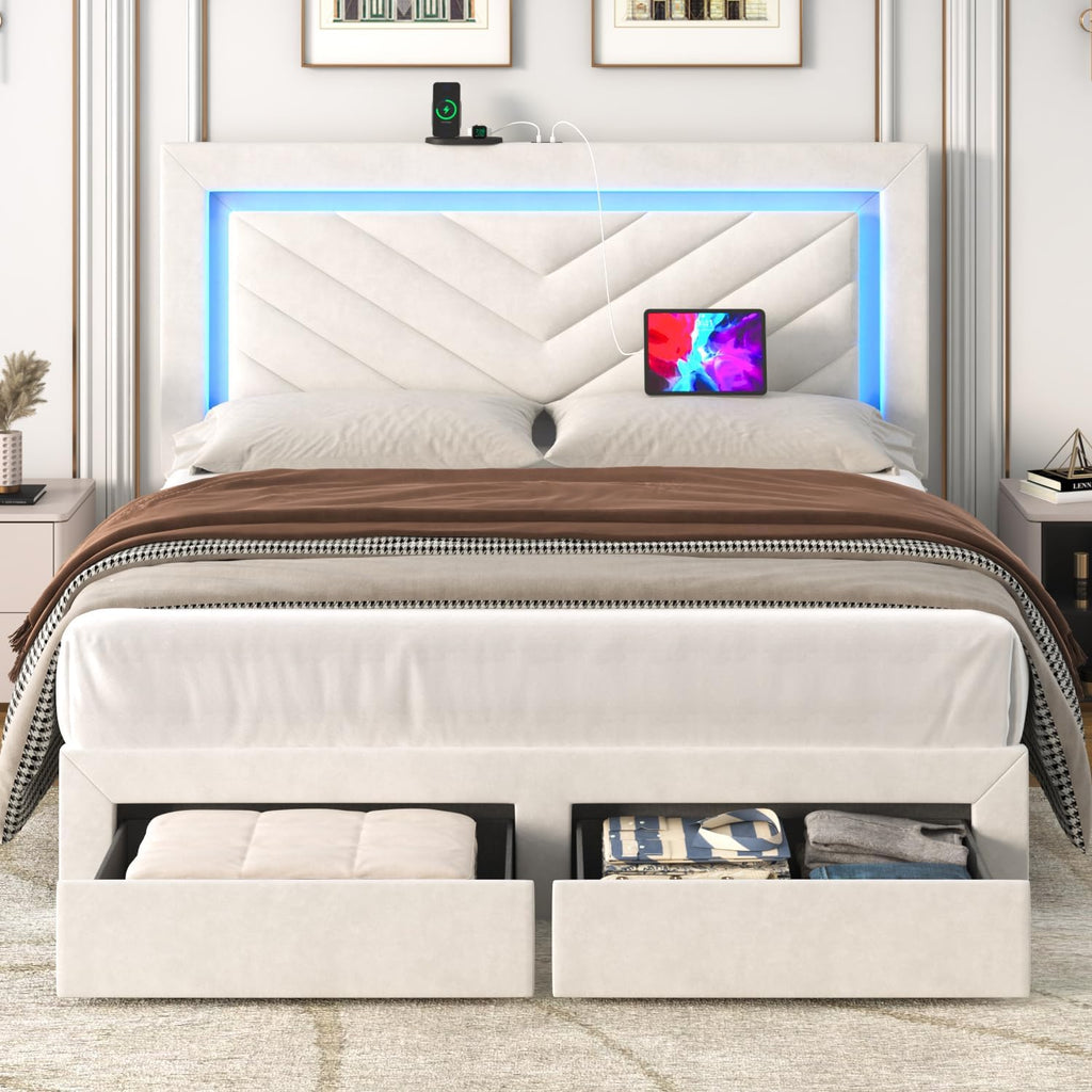 Incyneva Upholstered Full Bed Frame with LED Headboard and Storage Drawer, Velvet Platform Bed Frame Full Size with Charging Station, Adjustable Headboard, No Box Spring Needed, Off White